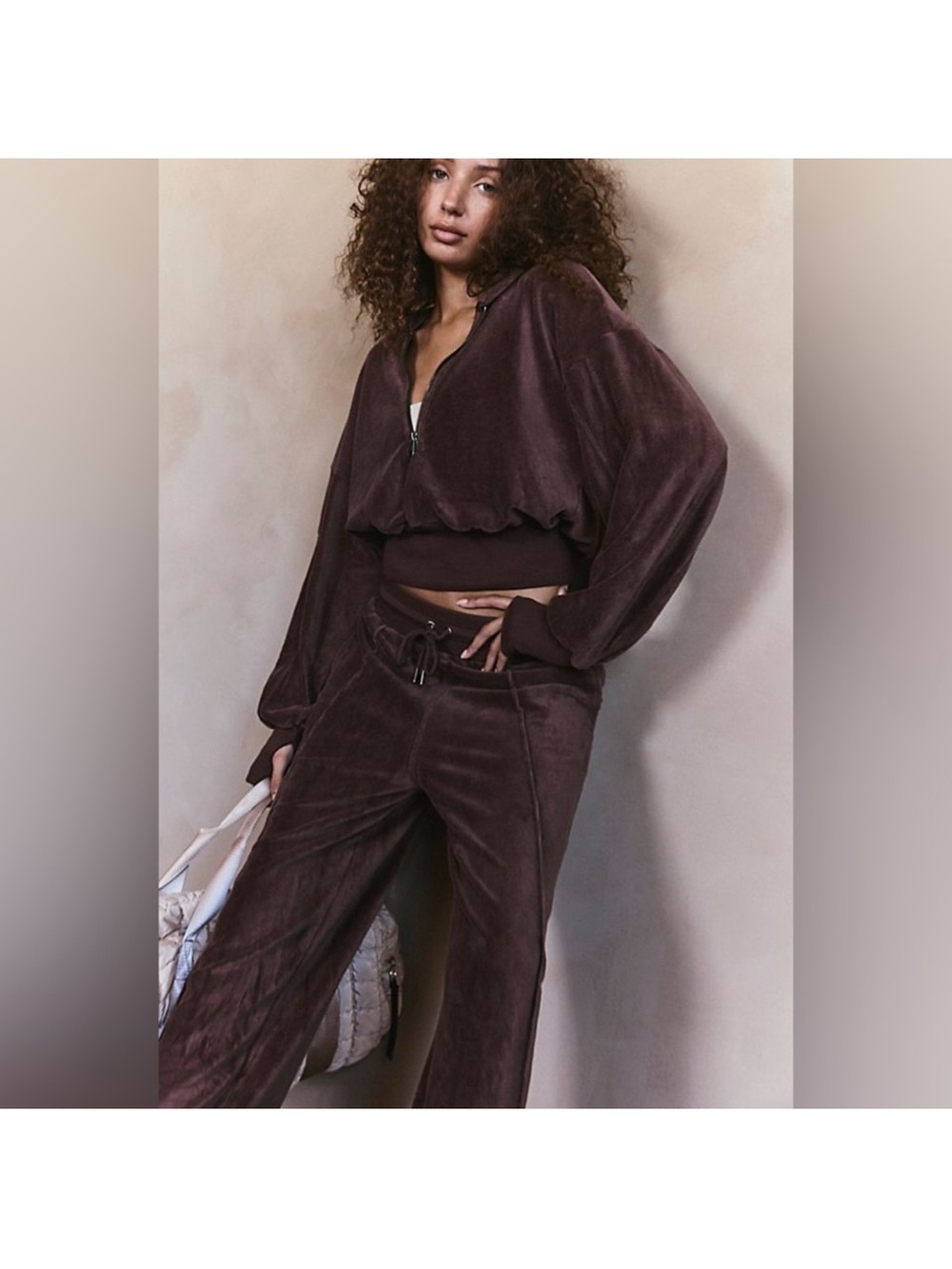 Free People Women's Cropped Zip Velour Jacket & Wide-Leg Pants Set - Brown